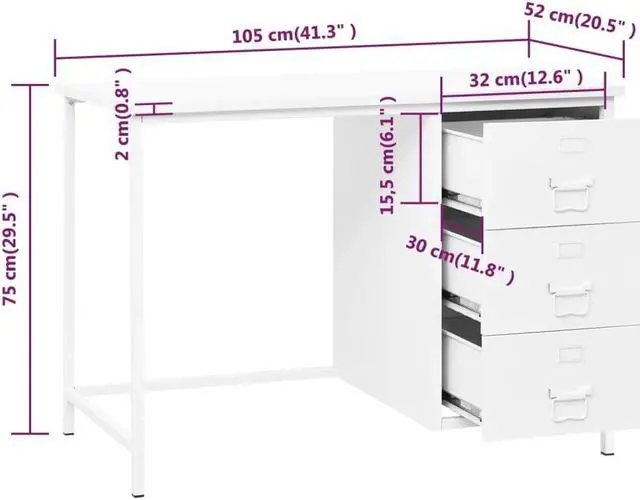 Alt view image 12 of 15 - vidaXL Industrial Desk with Drawers White 41.3"x20.5"x29.5" Steel
