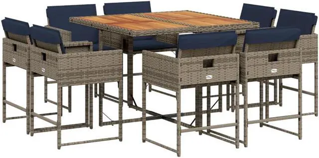 Alt view image 2 of 6 - vidaXL Patio Dining Set with Cushions Outdoor Furniture 9 Piece Gray Poly Rattan