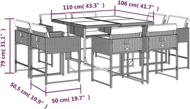 Alt view image 4 of 6 - vidaXL Patio Dining Set with Cushions Outdoor Furniture 9 Piece Gray Poly Rattan