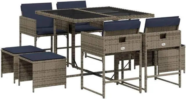 Alt view image 2 of 6 - vidaXL Patio Dining Set with Cushions Garden Furniture 9 Piece Gray Poly Rattan