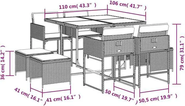 Alt view image 4 of 6 - vidaXL Patio Dining Set with Cushions Garden Furniture 9 Piece Gray Poly Rattan