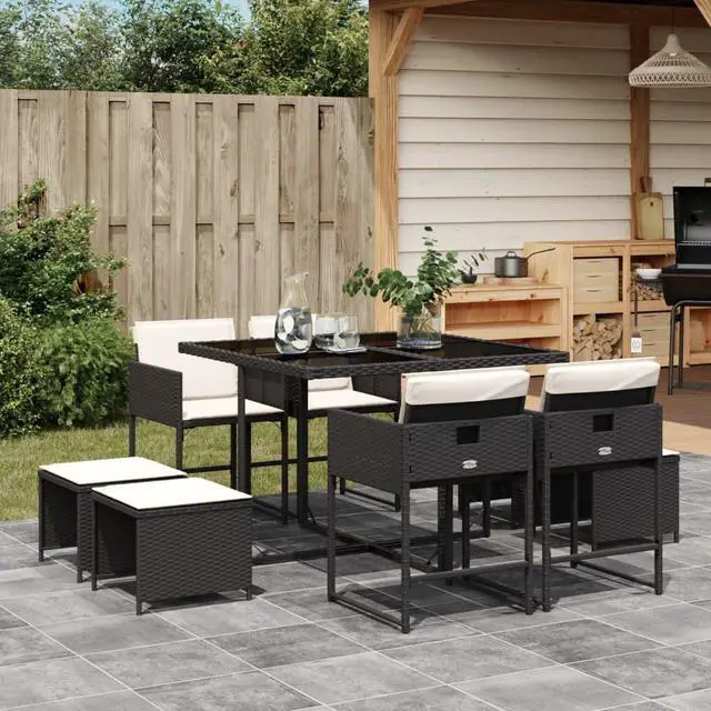 Main image of vidaXL Patio Dining Set with Cushions Outdoor Garden 9 Piece Black Poly Rattan