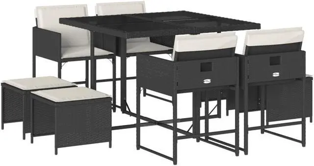 Alt view image 2 of 6 - vidaXL Patio Dining Set with Cushions Outdoor Garden 9 Piece Black Poly Rattan