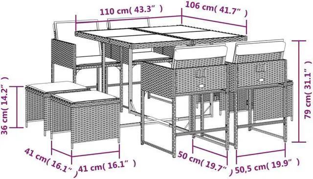 Alt view image 4 of 6 - vidaXL Patio Dining Set with Cushions Outdoor Garden 9 Piece Black Poly Rattan