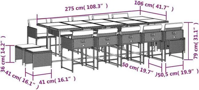 Alt view image 4 of 6 - vidaXL Patio Dining Set with Cushions Outdoor Garden 15 Piece Black Poly Rattan