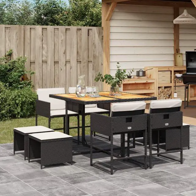 Main image of vidaXL Patio Dining Set with Cushions Outdoor Garden 9 Piece Black Poly Rattan