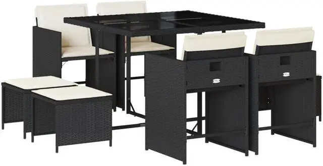 Alt view image 2 of 5 - vidaXL 9 Piece Patio Dining Set with Cushions Black Poly Rattan