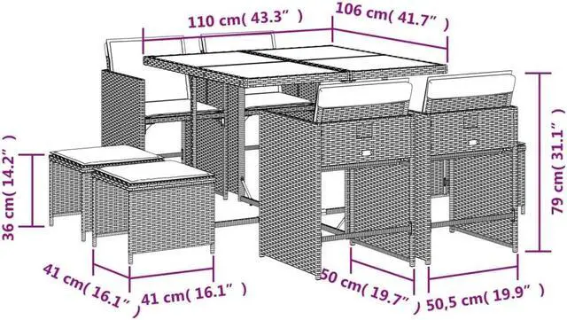 Alt view image 4 of 5 - vidaXL 9 Piece Patio Dining Set with Cushions Black Poly Rattan