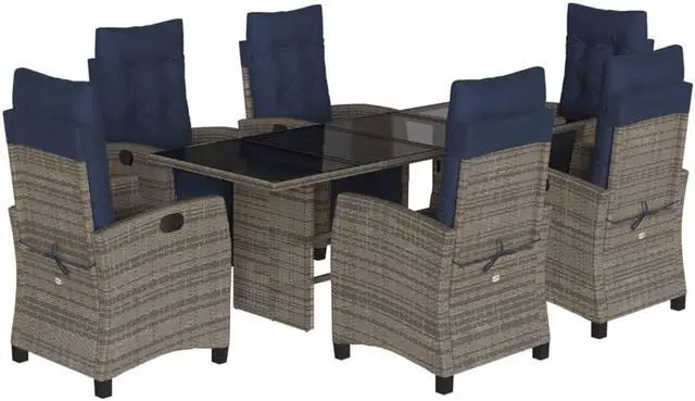 Alt view image 2 of 6 - vidaXL Patio Dining Set with Cushions Outdoor Furniture 7 Piece Gray Poly Rattan
