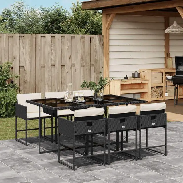 Main image of vidaXL Patio Dining Set with Cushions Table and Chairs 7 Piece Black Poly Rattan