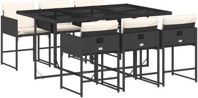 Alt view image 2 of 6 - vidaXL Patio Dining Set with Cushions Table and Chairs 7 Piece Black Poly Rattan