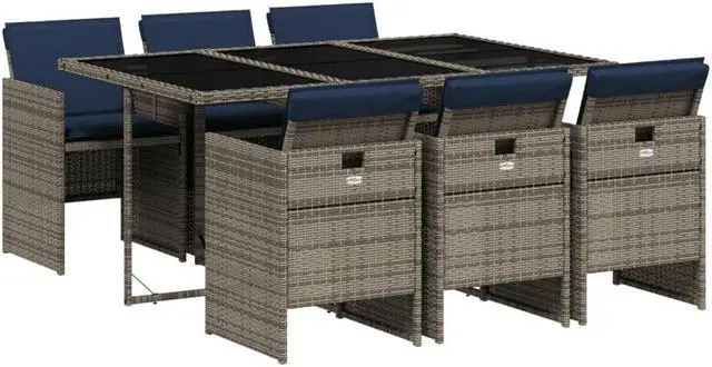 Alt view image 2 of 6 - vidaXL Patio Dining Set with Cushions Garden Furniture 7 Piece Gray Poly Rattan