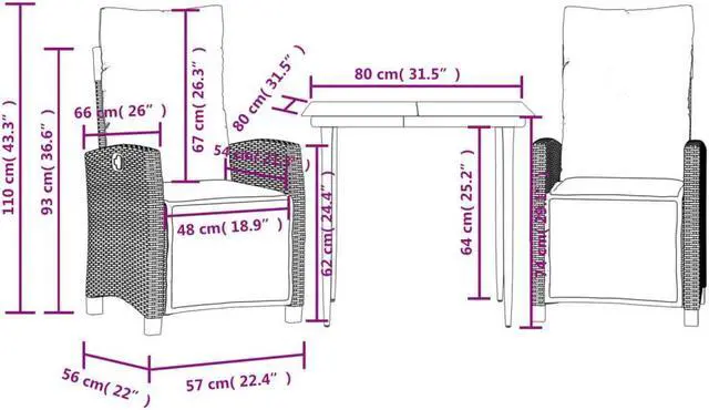 Alt view image 4 of 6 - vidaXL Patio Dining Set with Cushions Garden Furniture 3 Piece Brown Poly Rattan