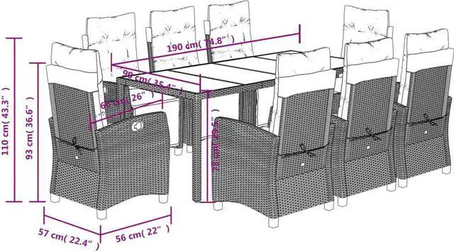 Alt view image 4 of 6 - vidaXL Patio Dining Set with Cushions Garden Furniture 9 Piece Black Poly Rattan