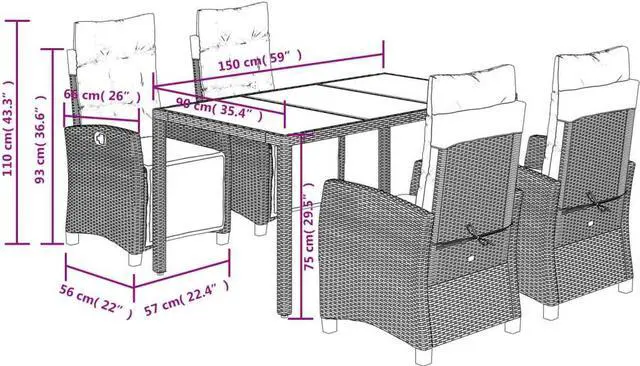 Alt view image 4 of 6 - vidaXL Patio Dining Set with Cushions Garden Furniture 5 Piece Black Poly Rattan