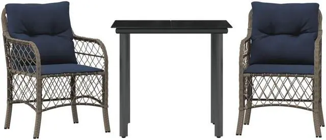Alt view image 2 of 6 - vidaXL Bistro Set with Cushions Outdoor Furniture 3 Piece Gray Poly Rattan