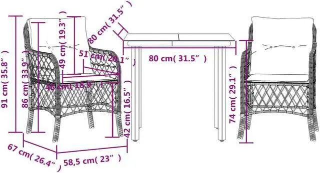 Alt view image 6 of 6 - vidaXL Bistro Set with Cushions Outdoor Furniture 3 Piece Gray Poly Rattan