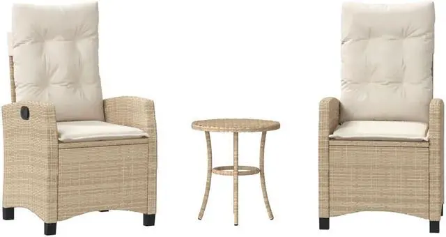 Alt view image 3 of 7 - vidaXL Bistro Set with Cushions Outdoor Furniture 3 Piece Beige Poly Rattan