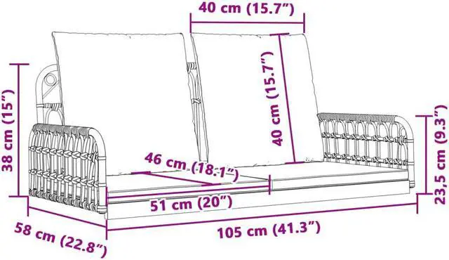 Alt view image 4 of 6 - vidaXL Swing Bench with Cushions Hammock Chair Outdoor Poly Rattan and Steel