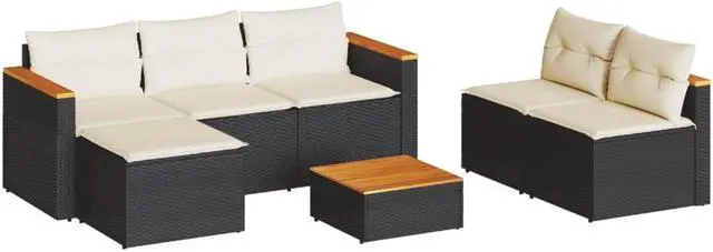 Alt view image 2 of 6 - vidaXL Patio Sofa Set with Cushions Furniture 5 Piece Black Poly Rattan Acacia