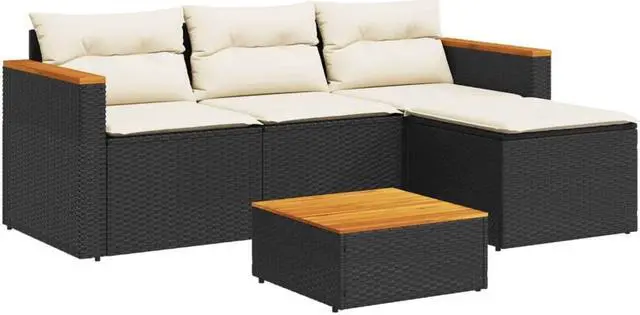 Alt view image 3 of 6 - vidaXL Patio Sofa Set with Cushions Furniture 5 Piece Black Poly Rattan Acacia