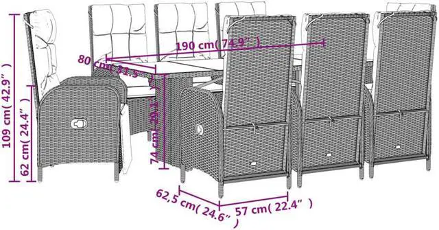 Alt view image 4 of 6 - vidaXL Patio Dining Set with Cushions Garden Furniture 9 Piece Gray Poly Rattan