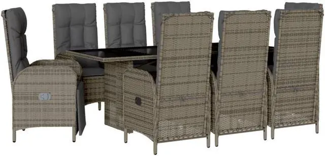 Alt view image 2 of 6 - vidaXL Patio Dining Set with Cushions Garden Furniture 9 Piece Gray Poly Rattan