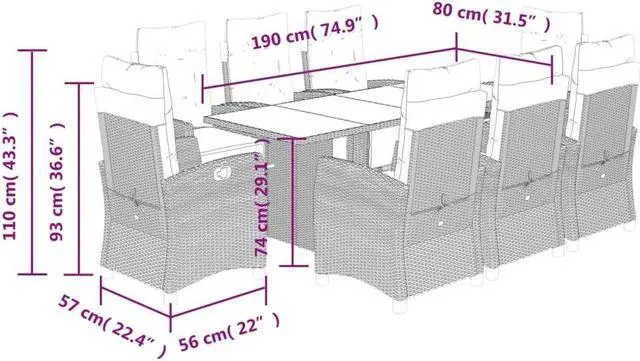 Alt view image 4 of 6 - vidaXL Patio Dining Set with Cushions Garden Furniture 9 Piece Black Poly Rattan