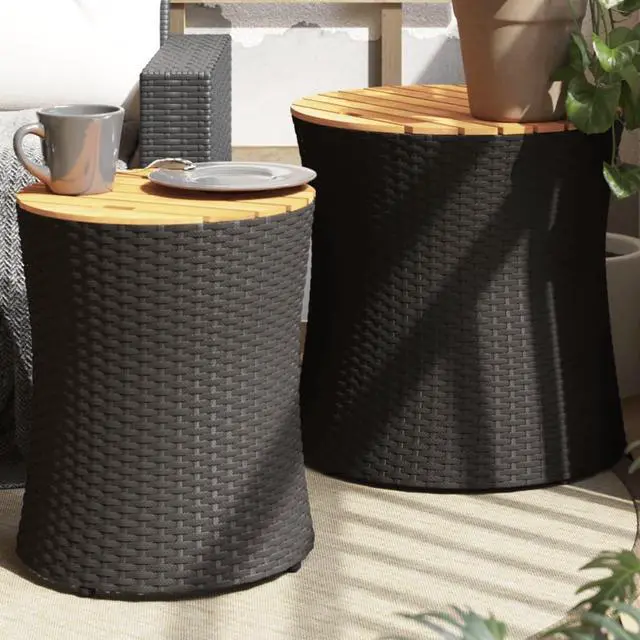 Main image of vidaXL Patio Side Tables with Wooden Top Outdoor Garden 2 Pcs Black Poly Rattan