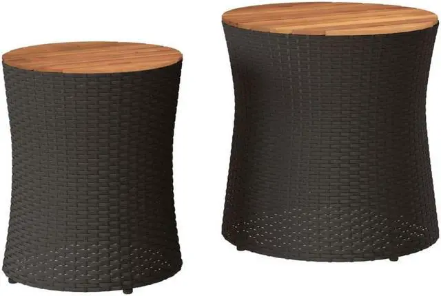 Alt view image 3 of 6 - vidaXL Patio Side Tables with Wooden Top Outdoor Garden 2 Pcs Black Poly Rattan