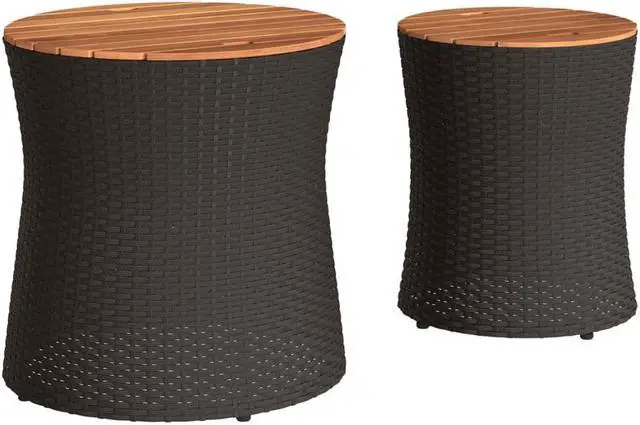 Alt view image 5 of 6 - vidaXL Patio Side Tables with Wooden Top Outdoor Garden 2 Pcs Black Poly Rattan