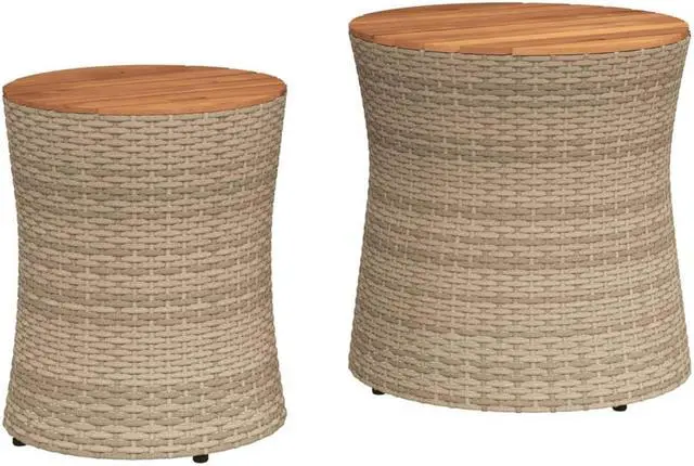Alt view image 3 of 7 - vidaXL Patio Side Tables with Wooden Top Outdoor Garden 2 Pcs Beige Poly Rattan