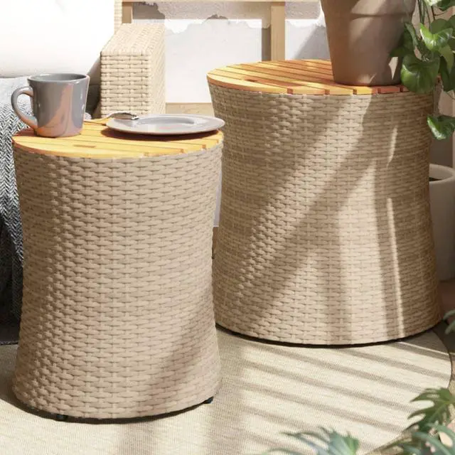 Main image of vidaXL Patio Side Tables with Wooden Top Outdoor Garden 2 Pcs Beige Poly Rattan