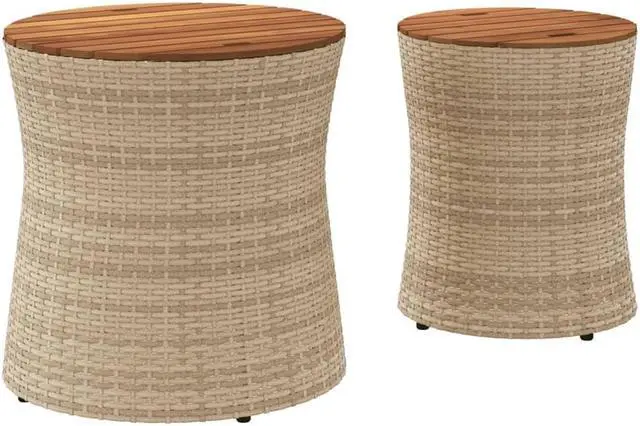 Alt view image 6 of 7 - vidaXL Patio Side Tables with Wooden Top Outdoor Garden 2 Pcs Beige Poly Rattan
