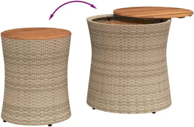 Alt view image 7 of 7 - vidaXL Patio Side Tables with Wooden Top Outdoor Garden 2 Pcs Beige Poly Rattan