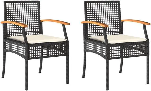 Alt view image 3 of 7 - vidaXL Patio Chairs with Cushions Outdoor 2 Pcs Black Poly Rattan Acacia Wood