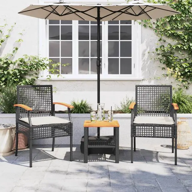 Alt view image 2 of 7 - vidaXL Patio Chairs with Cushions Outdoor 2 Pcs Black Poly Rattan Acacia Wood
