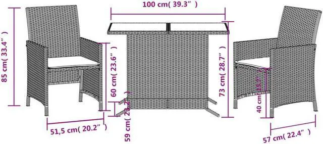 Alt view image 4 of 7 - vidaXL Bistro Set with Cushions Patio Furniture 3 Piece Black Poly Rattan