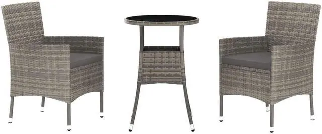 Alt view image 2 of 6 - vidaXL Patio Bistro Set with Cushions Outdoor Furniture 3 Piece Gray Poly Rattan