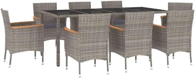 Alt view image 2 of 6 - vidaXL Patio Dining Set with Cushions Outdoor Furniture 9 Piece Gray Poly Rattan