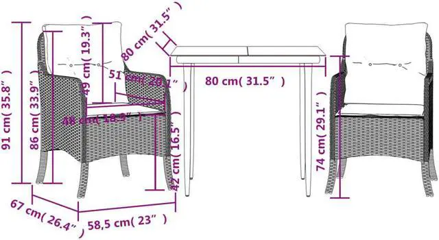 Alt view image 6 of 6 - vidaXL Patio Dining Set with Cushions Outdoor Furniture 3 Piece Gray Poly Rattan