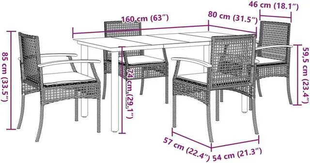 Alt view image 6 of 6 - vidaXL Patio Dining Set with Cushions Outdoor Furniture 5 Piece Gray Poly Rattan