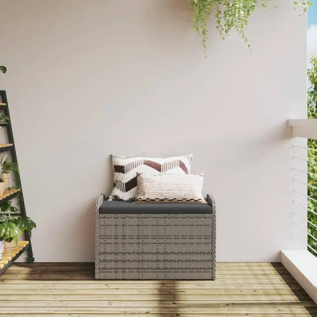 Alt view image 2 of 7 - vidaXL Storage Bench with Cushion Outdoor Garden Furniture Gray Poly Rattan