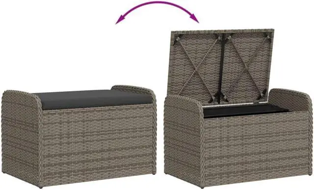 Alt view image 7 of 7 - vidaXL Storage Bench with Cushion Outdoor Garden Furniture Gray Poly Rattan