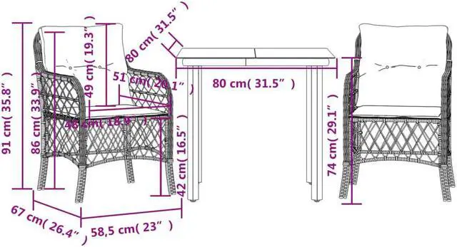 Alt view image 6 of 6 - vidaXL Bistro Set with Cushions Outdoor Furniture 3 Piece Beige Poly Rattan