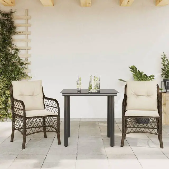 Alt view image 7 of 7 - vidaXL Bistro Set with Cushions Outdoor Furniture 3 Piece Brown Poly Rattan