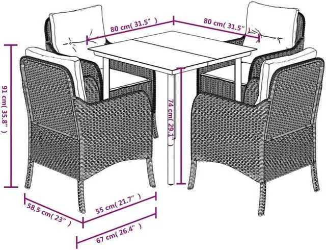 Alt view image 6 of 6 - vidaXL Patio Dining Set with Cushions Garden Furniture 5 Piece Gray Poly Rattan