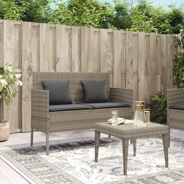 Alt view image 2 of 7 - vidaXL Patio Bench with Cushions Outdoor Loveseat Furniture Gray Poly Rattan