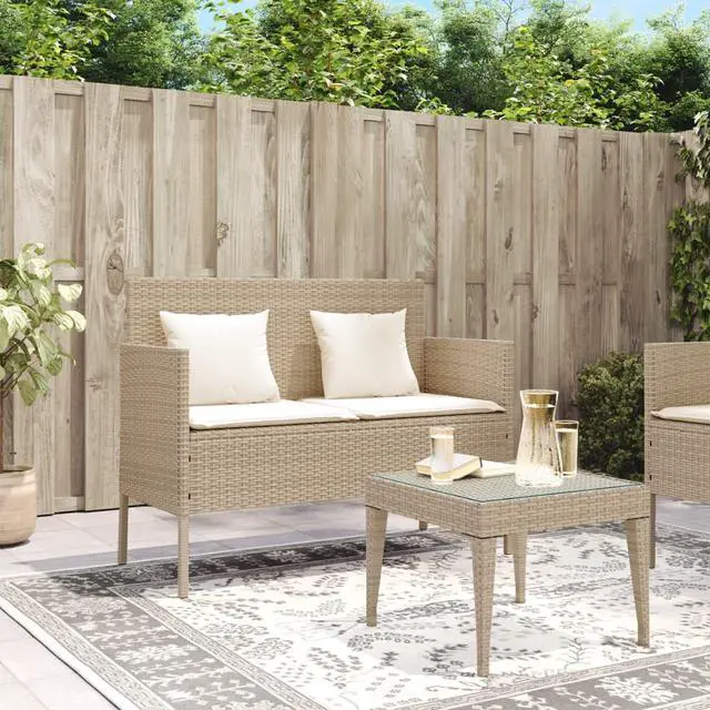 Alt view image 2 of 7 - vidaXL Patio Bench with Cushions Outdoor Loveseat Furniture Beige Poly Rattan