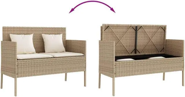 Alt view image 7 of 7 - vidaXL Patio Bench with Cushions Outdoor Loveseat Furniture Beige Poly Rattan